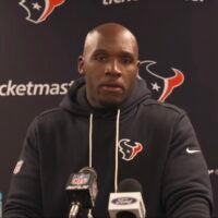 DeMeco Ryans speaks with reporters after the Texans beat the Steelers in the Wild Card round of the playoffs.